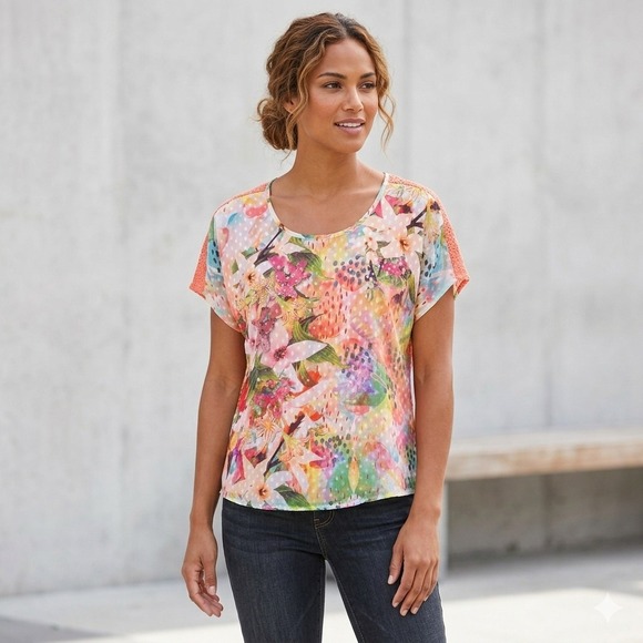 CJ Banks Tops - CJ Banks Womens Size 1X Floral Top Mixed Media Rhinestone Coral Knit Back Breezy